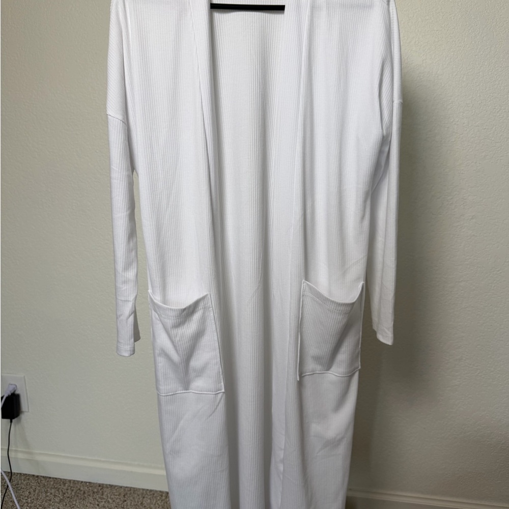 Women’s White Long Open-Front Ribbed Cardigan